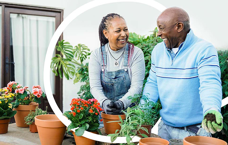 Woman wearing Mini Mobile PERS while gardening